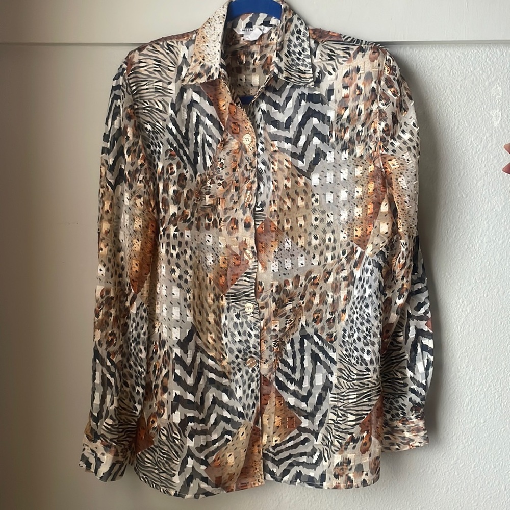 Vintage Mesmerize cheetah patchwork sheer long sleeve button down blouse